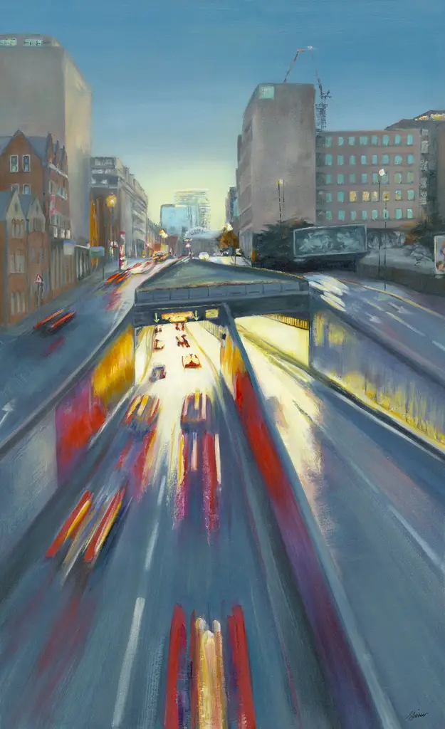 Queensway Underpass is an atmospheric oil painting of Birmingham’s urban architecture by artist, Julie Swinsco