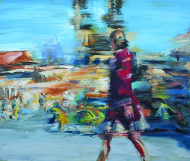 Summer Stroll in Prague is an original oil painting, painted on board (A2, 42 x 59.4 cm), framed in a bold black wooden frame. By Julie Swinsco