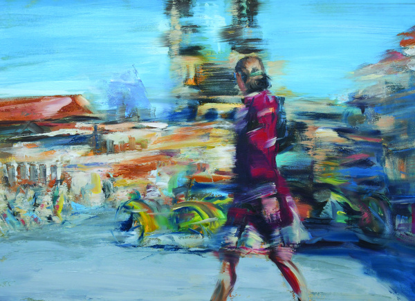 Summer Stroll in Prague is an original oil painting, painted on board (A2, 42 x 59.4 cm), framed in a bold black wooden frame. By Julie Swinsco