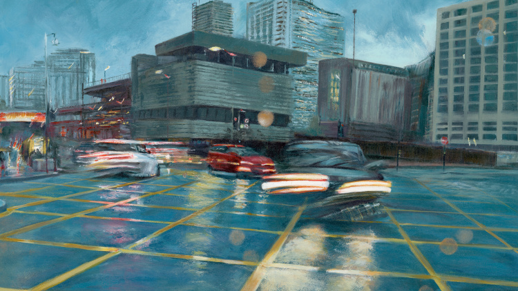 Nocturn Intersection II is an original oil painting on board (51 x 68 cm), presented in a bold black wooden frame by artist, Julie Swinsco