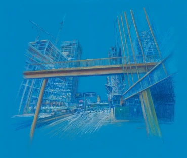Original Birmingham cityscape artwork, Forever Building Skywards, by Julie Swinsco. Pastel pencils on paper, framed under non-reflective glass.