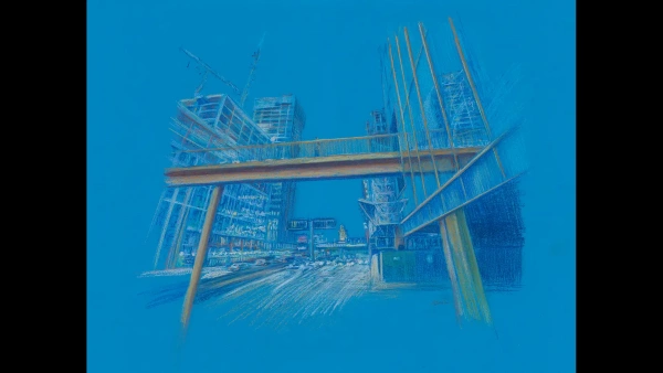 Original Birmingham cityscape artwork, Forever Building Skywards, by Julie Swinsco. Pastel pencils on paper, framed under non-reflective glass.