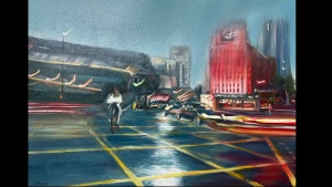 Original Birmingham cityscape painting, Evening Glow, by Julie Swinsco. Oil on board, tray framed. Signed artwork with Certificate of Authenticity.