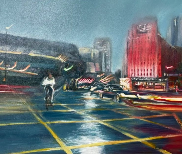 Original Birmingham cityscape painting, Evening Glow, by Julie Swinsco. Oil on board, tray framed. Signed artwork with Certificate of Authenticity.