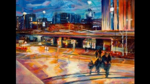 Original Birmingham cityscape painting, Mailbox – Suffolk Square, by Julie Swinsco. Acrylic on board, framed. Signed with a Certificate of Authenticity.