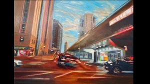 Original Birmingham cityscape painting, Navigation Street, by Julie Swinsco. Oil on board, tray framed. Signed with Certificate of Authenticity.