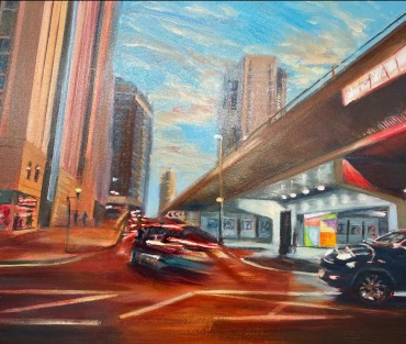 Original Birmingham cityscape painting, Navigation Street, by Julie Swinsco. Oil on board, tray framed. Signed with Certificate of Authenticity.