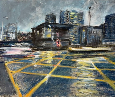 Original Birmingham pastel cityscape, Nocturn Intersection III, by Julie Swinsco. Unframed artwork, signed, with Certificate of Authenticity.
