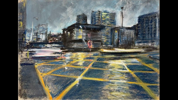 Original Birmingham pastel cityscape, Nocturn Intersection III, by Julie Swinsco. Unframed artwork, signed, with Certificate of Authenticity.