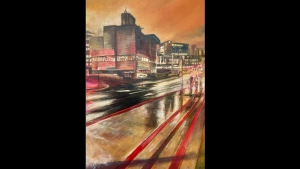 Original Birmingham cityscape painting, Orange Signal Box, by Julie Swinsco. Oil on board, tray framed. Signed artwork with Certificate of Authenticity.