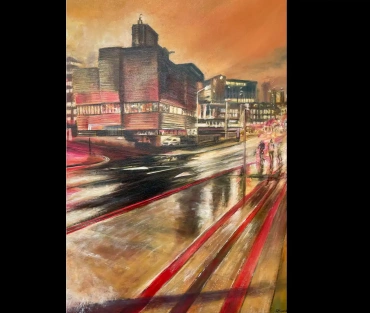 Original Birmingham cityscape painting, Orange Signal Box, by Julie Swinsco. Oil on board, tray framed. Signed artwork with Certificate of Authenticity.