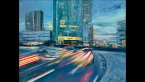 Original Birmingham cityscape painting, Radisson Blu, by Julie Swinsco. Oil on board, tray framed. Signed artwork with Certificate of Authenticity.