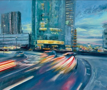 Original Birmingham cityscape painting, Radisson Blu, by Julie Swinsco. Oil on board, tray framed. Signed artwork with Certificate of Authenticity.