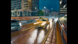 Original Birmingham cityscape painting, Rush Hour, Suffolk Street, by Julie Swinsco. Oil on canvas, framed. Signed artwork with Certificate of Authenticity.