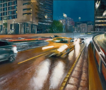 Original Birmingham cityscape painting, Rush Hour, Suffolk Street, by Julie Swinsco. Oil on canvas, framed. Signed artwork with Certificate of Authenticity.