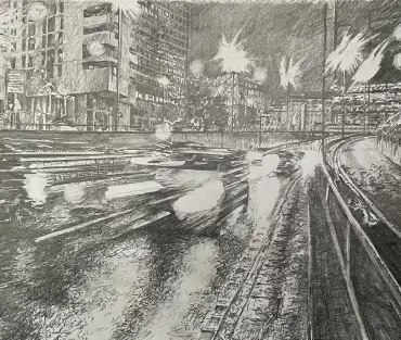 Birmingham drawing, Heart of the City, by Julie Swinsco. Graphite on paper, framed with non-reflective glass. Urban artwork for sale.