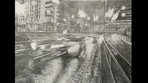 Birmingham drawing, Heart of the City, by Julie Swinsco. Graphite on paper, framed with non-reflective glass. Urban artwork for sale.