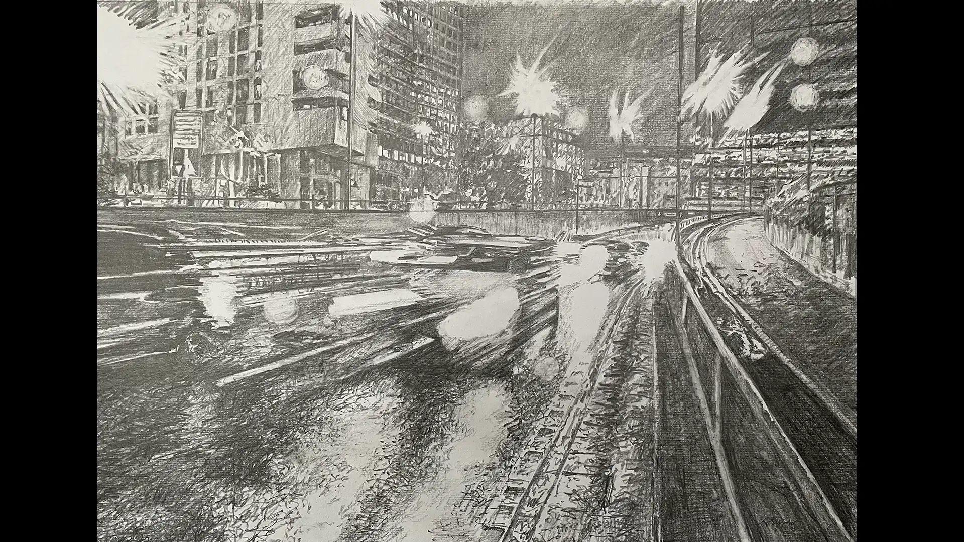 Birmingham drawing, Heart of the City, by Julie Swinsco. Graphite on paper, framed with non-reflective glass. Urban artwork for sale.