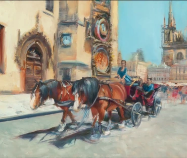 Original Prague cityscape painting, Sightseeing in Prague, by Julie Swinsco. Oil on board, tray framed. Signed artwork with Certificate of Authenticity.