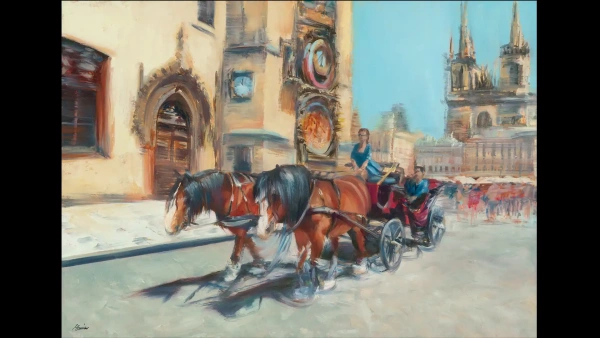 Original Prague cityscape painting, Sightseeing in Prague, by Julie Swinsco. Oil on board, tray framed. Signed artwork with Certificate of Authenticity.