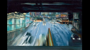 St Chad’s Underpass by Julie Swinsco captures Birmingham at dusk. A dramatic oil cityscape of traffic, light, and reflections beneath Snow Hill Station.