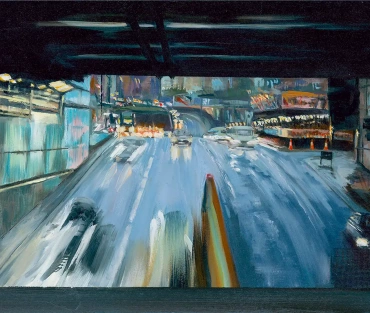 St Chad’s Underpass by Julie Swinsco captures Birmingham at dusk. A dramatic oil cityscape of traffic, light, and reflections beneath Snow Hill Station.