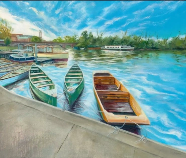 Original Stratford-upon-Avon riverside painting, Summertime, by Julie Swinsco. Oil on canvas. Signed artwork with Certificate of Authenticity.