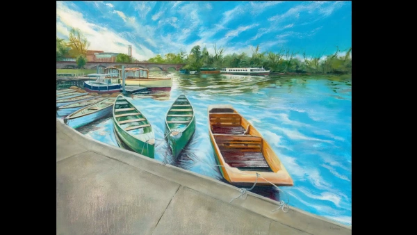 Original Stratford-upon-Avon riverside painting, Summertime, by Julie Swinsco. Oil on canvas. Signed artwork with Certificate of Authenticity.