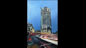 Original Birmingham skyscraper painting, The Octagon, by Julie Swinsco. Oil on board, tray framed. Signed artwork with Certificate of Authenticity.