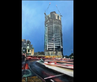 Original Birmingham skyscraper painting, The Octagon, by Julie Swinsco. Oil on board, tray framed. Signed artwork with Certificate of Authenticity.