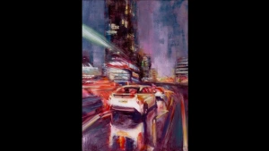 Original Birmingham cityscape, Wet Rush Hour, by Julie Swinsco. Oil on board, tray framed. Signed artwork with Certificate of Authenticity.