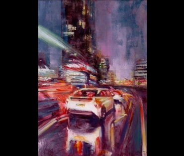Original Birmingham cityscape, Wet Rush Hour, by Julie Swinsco. Oil on board, tray framed. Signed artwork with Certificate of Authenticity.