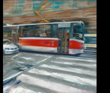 Original oil painting, Young Love in Prague, by Julie Swinsco. Romantic tram scene, framed and signed, with Certificate of Authenticity.