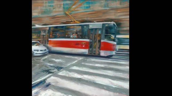 Original oil painting, Young Love in Prague, by Julie Swinsco. Romantic tram scene, framed and signed, with Certificate of Authenticity.