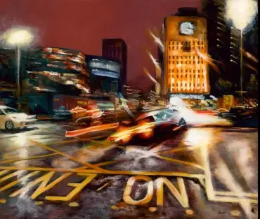Original Birmingham cityscape painting, City Heat, by Julie Swinsco. Oil on board, tray framed. Signed artwork with Certificate of Authenticity.