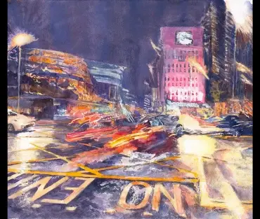 Original Birmingham cityscape painting, City Heat II, by Julie Swinsco. Watercolour on paper, framed under glass. Signed with Certificate of Authenticity.