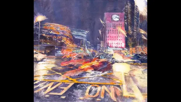 Original Birmingham cityscape painting, City Heat II, by Julie Swinsco. Watercolour on paper, framed under glass. Signed with Certificate of Authenticity.