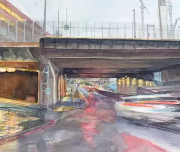Original Birmingham cityscape painting, Queensway Underpass – Great Charles Street, by Julie Swinsco. Watercolour, framed with Certificate of Authenticity.