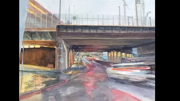 Original Birmingham cityscape painting, Queensway Underpass – Great Charles Street, by Julie Swinsco. Watercolour, framed with Certificate of Authenticity.