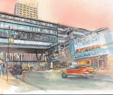 Original Birmingham cityscape artwork, Hurst Street, by Julie Swinsco. Mixed media on paper, framed under glass. Signed with Certificate of Authenticity.