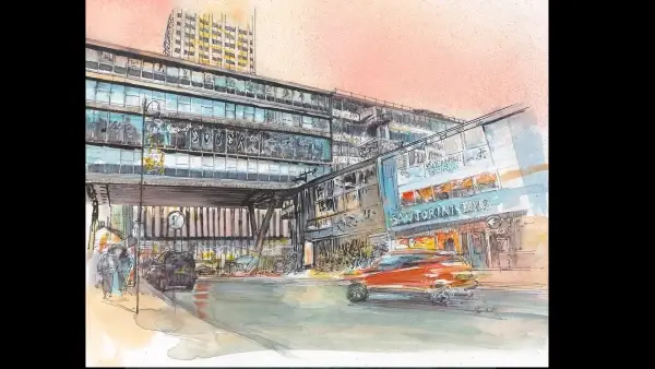 Original Birmingham cityscape artwork, Hurst Street, by Julie Swinsco. Mixed media on paper, framed under glass. Signed with Certificate of Authenticity.