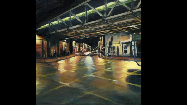 Original Leamington Spa cityscape painting, Night Train from Leam, by Julie Swinsco. Oil on board, framed. Signed with Certificate of Authenticity.