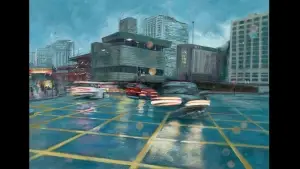 Original Birmingham cityscape painting, Nocturn Intersection II, by Julie Swinsco. Oil on board, tray framed. Signed with Certificate of Authenticity.