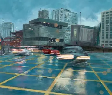 Original Birmingham cityscape painting, Nocturn Intersection II, by Julie Swinsco. Oil on board, tray framed. Signed with Certificate of Authenticity.