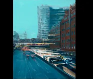 Original Birmingham cityscape painting, Queensway, by Julie Swinsco. Oil on canvas, framed. Signed artwork with Certificate of Authenticity.