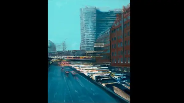 Original Birmingham cityscape painting, Queensway, by Julie Swinsco. Oil on canvas, framed. Signed artwork with Certificate of Authenticity.