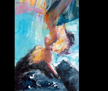 An original figurative painting, The Kiss, by Julie Swinsco. Acrylic on paper, tray framed with glass. Signed artwork with Certificate of Authenticity.