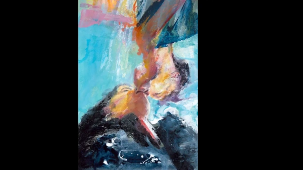 An original figurative painting, The Kiss, by Julie Swinsco. Acrylic on paper, tray framed with glass. Signed artwork with Certificate of Authenticity.