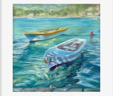 Glisten Giclée Print by Julie Swinsco. Limited edition of two rowing boats, floating in the Adriatic Sea artwork, signed and mounted ready for framing.