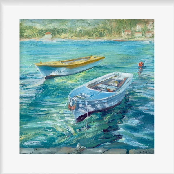 Glisten Giclée Print by Julie Swinsco. Limited edition of two rowing boats, floating in the Adriatic Sea artwork, signed and mounted ready for framing.